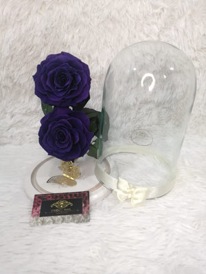 URNA DE CRISTAL XL CON DOS HERMOSAS ROSAS PRESERVADAS PURPLE