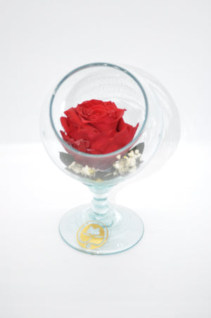 PECERA DE CRISTAL CON UNA HERMOSA ROSA PRESERVADA RED BRIGHT