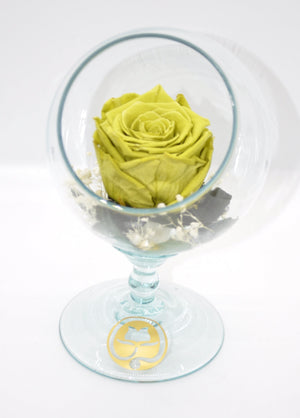 PECERA DE CRISTAL CON UNA HERMOSA ROSA PRESERVADA OLIVE GREEN