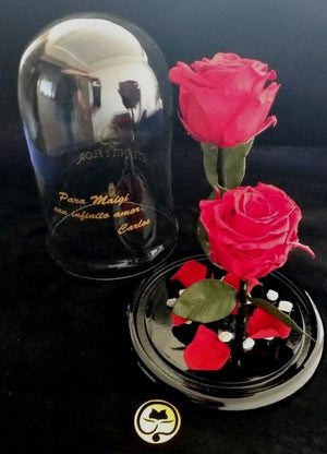 URNA DE CRISTAL XL CON DOS HERMOSAS ROSAS PRESERVADAS RED BRIGHT