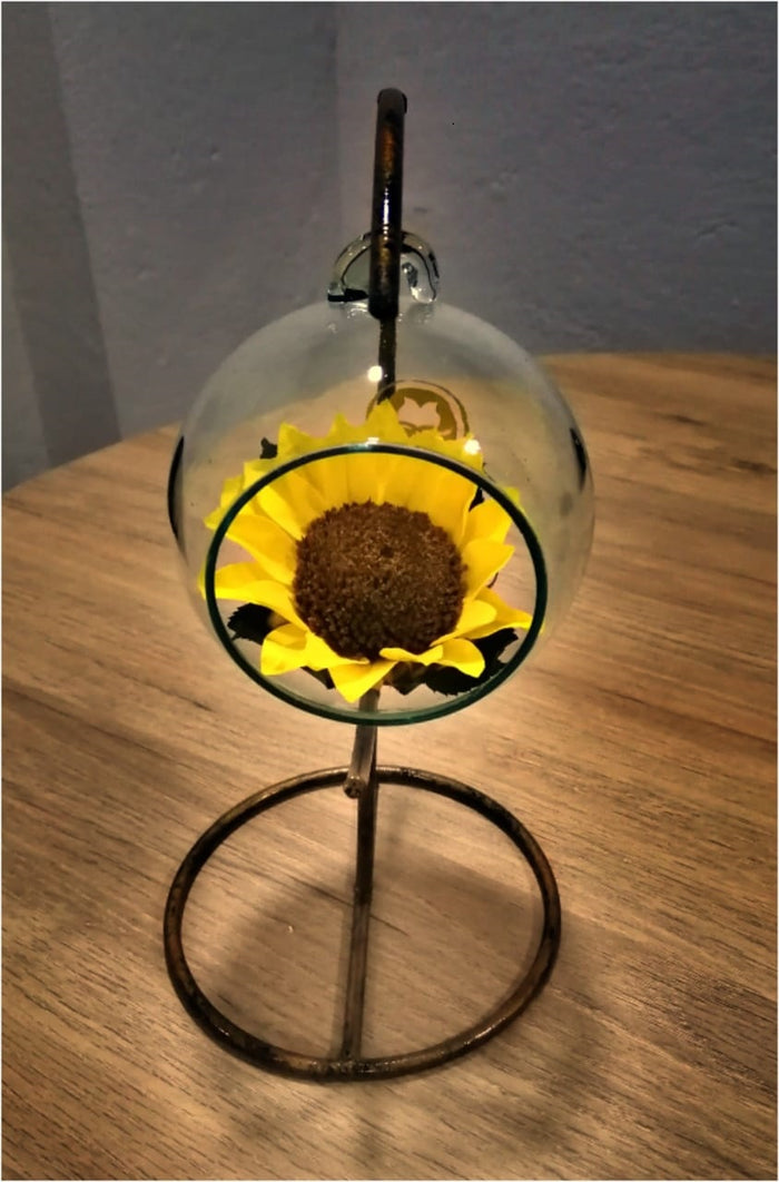 GIRASOL PRESERVADO EN UNA GOTA DE CRISTAL CON BASE  METÁLICA