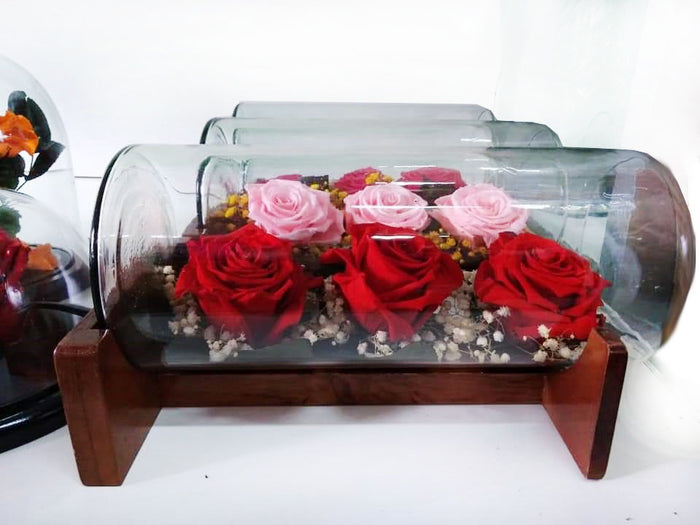 URNA DE CRISTAL HORIZONTAL CON HERMOSAS ROSAS PRESERVADAS