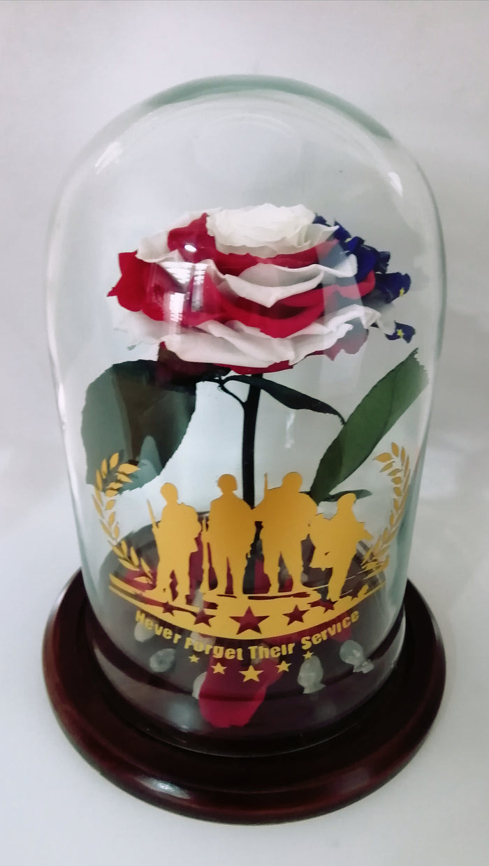 URNA DE CRISTAL XL CON UNA ELEGANTE BANDERA DE USA EN ROSA PRESERVADA JUMBO