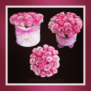 ARREGLO FLORAL EN CAJA CIRCULAR CON ROSAS FUCSIAS NATURALES DE EXPORTACIÓN