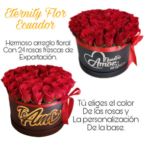 ARREGLO FLORAL CON 25 ROSAS NATURALES DE EXPORTACIÓN EN BASE CIRCULAR  PERSONALIZADA