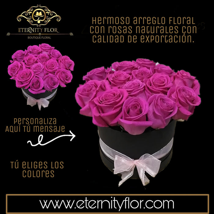 ARREGLO FLORAL EN CAJA CIRCULAR CON ROSAS FUCSIAS NATURALES DE EXPORTACIÓN