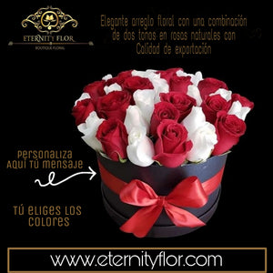 ARREGLO FLORAL CON ROSAS BICOLOR NATURALES DE EXPORTACIÓN EN BASE CIRCULAR PERSONALIZADA