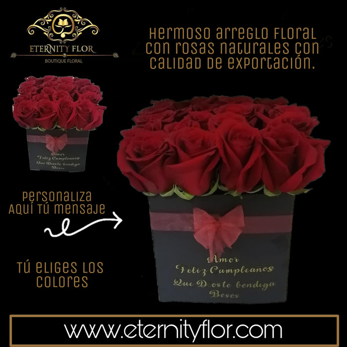 ARREGLO FLORAL CON ROSAS NATURALES DE EXPORTACIÓN EN BASE CUADRADA PERSONALIZADA