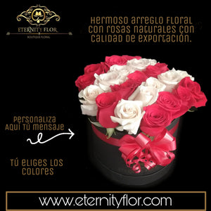 ARREGLO FLORAL EN CAJA CIRCULAR CON 25 ROSAS BICOLOR NATURALES DE EXPORTACIÓN