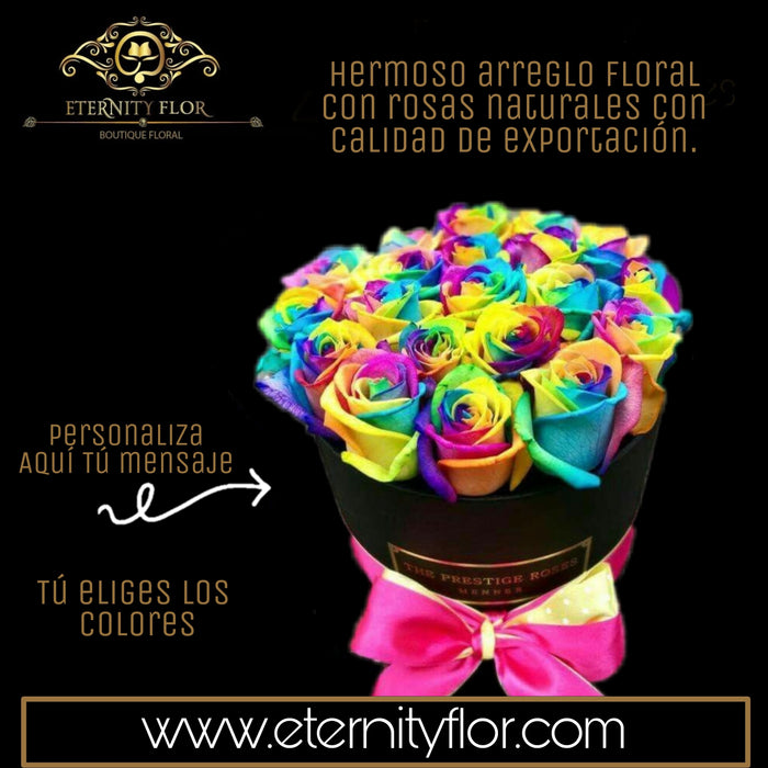 ARREGLO FLORAL EN CAJA CIRCULAR CON 25 ROSAS RAINBOW NATURALES DE EXPORTACIÓN