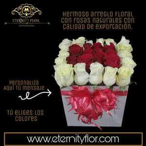 ARREGLO FLORAL CON ROSAS NATURALES DE EXPORTACIÓN EN BASE CUADRADA PERSONALIZADA