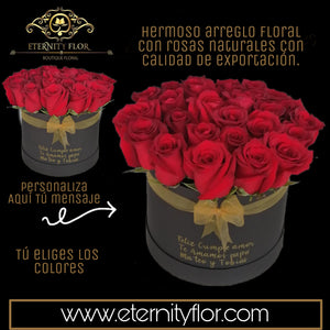 ARREGLO FLORAL CON 25 ROSAS NATURALES DE EXPORTACIÓN EN BASE CIRCULAR  PERSONALIZADA