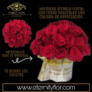 ARREGLO FLORAL PROMOCIÓN BASE CIRCULAR PERSONALIZADA CON 50 ROSAS ROJAS NATURALES DE EXPORTACIÓN