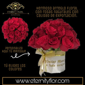 ARREGLO FLORAL PROMOCIÓN BASE CIRCULAR PERSONALIZADA CON 50 ROSAS ROJAS NATURALES DE EXPORTACIÓN