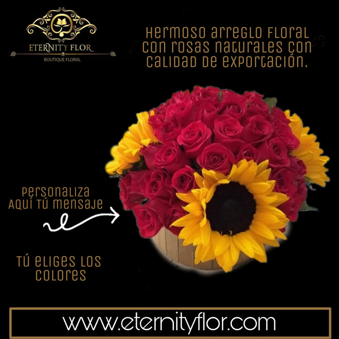 ARREGLO FLORAL CON GIRASOLES Y ROSAS NATURALES