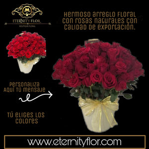 ARREGLO FLORAL CON 100 ROSAS NATURALES DE EXPORTACIÓN EN BASE REDONDA PERSONALIZADA