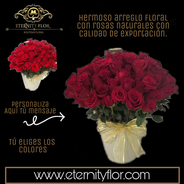 ARREGLO FLORAL CON 100 ROSAS NATURALES DE EXPORTACIÓN EN BASE REDONDA PERSONALIZADA