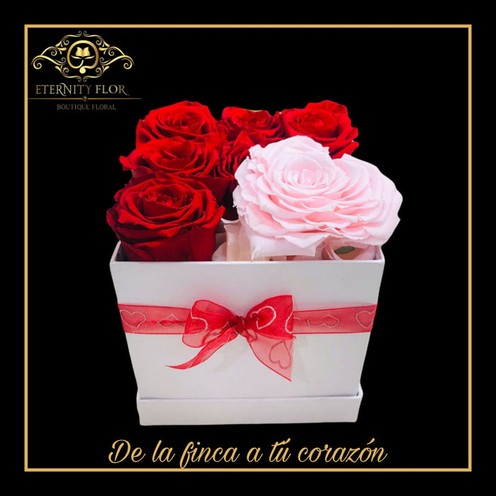 ROSAS ETERNAS ROJAS Y CORAZÓN ROSADO