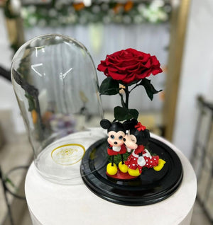 MICKEY Y MINNIE CON ROSA BICOLOR EN URNA XL