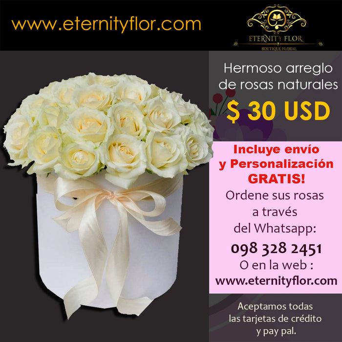 ARREGLO FLORAL PROMOCIÓN EN BASE CIRCULAR CON  ROSAS BLANCAS NATURALES DE EXPORTACIÓN