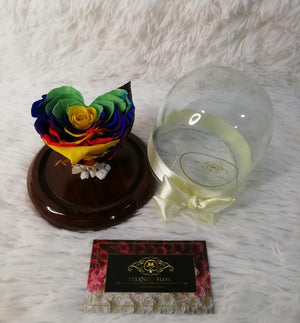 URNA DE CRISTAL SMALL CON UNA HERMOSA ROSA PRESERVADA RAINBOW EN FORMA DE CORAZÓN